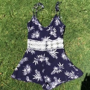 super cute summery dark blue palm tree romper !!